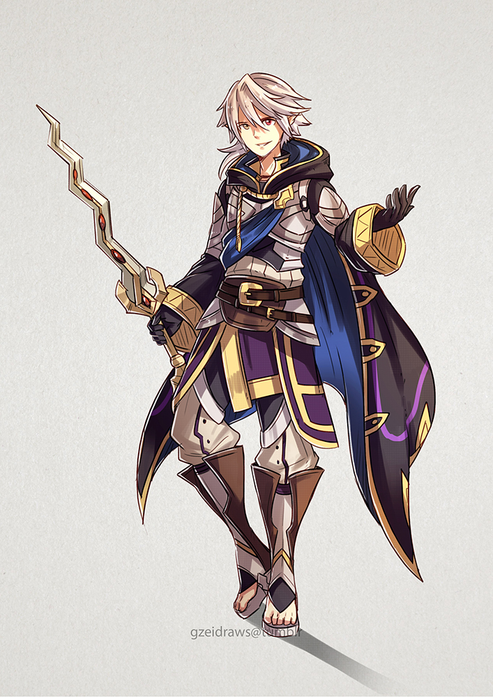 1boy armor cloak elbow_gloves european_clothes fire_emblem fire_emblem:_kakusei fire_emblem_if fusion gloves grey_background holding holding_sword holding_weapon male_focus male_my_unit_(fire_emblem:_kakusei) male_my_unit_(fire_emblem_if) my_unit_(fire_emblem:_kakusei) my_unit_(fire_emblem_if) pointy_ears ponytail red_eyes simple_background sword weapon white_hair