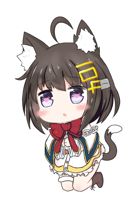 1girl :o animal_ears azur_lane bailingxiao_jiu bangs black_footwear blush_stickers boots bow bowtie brown_hair capelet cat_ears cat_girl cat_tail character_request chibi commentary_request dress eyebrows_visible_through_hair full_body hair_between_eyes hair_ornament parted_lips red_neckwear short_hair simple_background solo tai_yuan_(azur_lane) tail violet_eyes white_background white_capelet white_dress