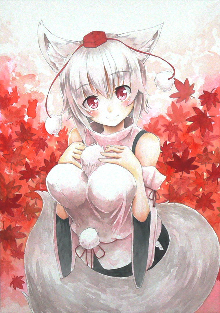 1girl acrylic_paint_(medium) animal_ears autumn_leaves bare_shoulders blush breasts colored_pencil_(medium) detached_sleeves exlay1 geta hand_on_own_chest hat inubashiri_momiji large_breasts leaf light_smile looking_at_viewer pom_pom_(clothes) red_eyes ribbon-trimmed_sleeves ribbon_trim short_hair silver_hair solo tail tokin_hat touhou traditional_media watercolor_(medium) wide_sleeves wolf_ears wolf_tail