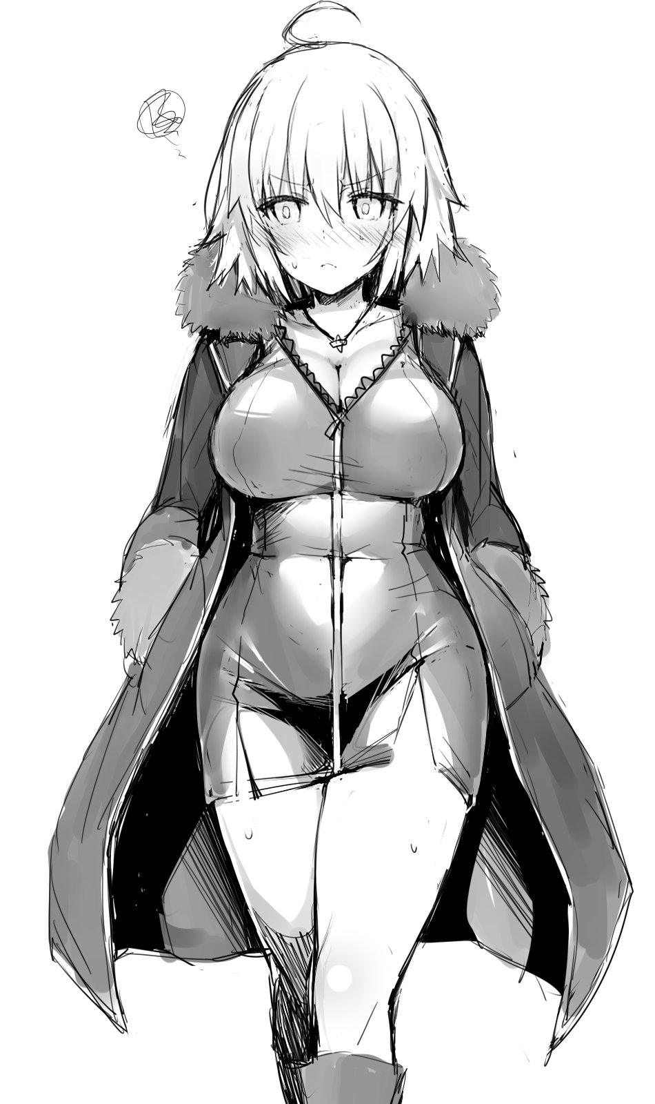 ahoge blue_gk coat dress fate/grand_order fate_(series) fur-trimmed_jacket fur_trim highres jacket jeanne_d'arc_(alter)_(fate) jeanne_d'arc_(fate)_(all) monochrome open_clothes open_jacket short_dress short_hair sketch wicked_dragon_witch_ver._shinjuku_1999