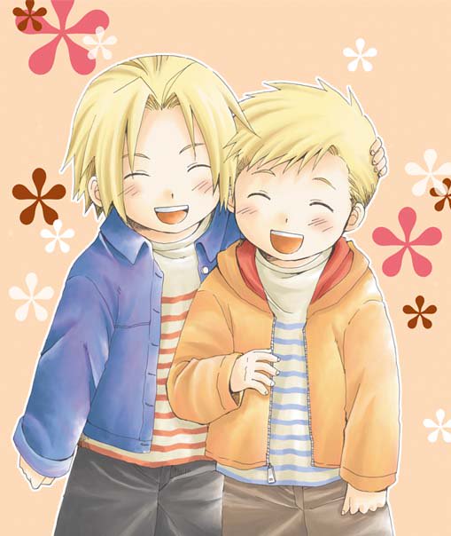 2boys alphonse_elric blonde_hair blush brothers closed_eyes edward_elric floral_background fullmetal_alchemist hand_on_another's_head happy jacket male_focus multiple_boys open_mouth pants pink_background shirt short_hair siblings simple_background smile uho_(uhoponta) white_shirt