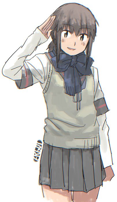 1girl :d artist_name black_eyes black_hair blue_scarf blush cowboy_shot ergot eyebrows_visible_through_hair fubuki_(kantai_collection) grey_vest kantai_collection looking_at_viewer low_ponytail open_mouth remodel_(kantai_collection) salute scarf school_uniform serafuku short_hair short_ponytail sidelocks simple_background smile solo vest white_background