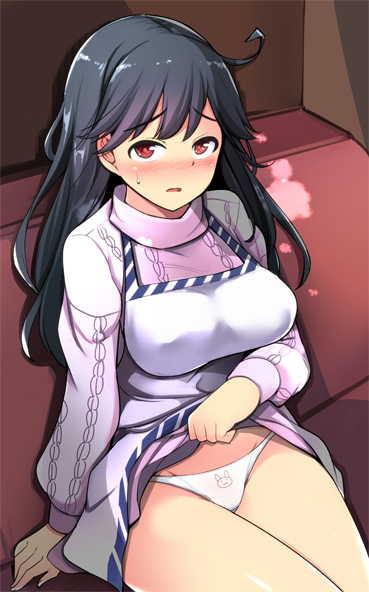 1girl ahoge alternate_eye_color apron black_hair blush breasts ippongui kantai_collection large_breasts long_hair long_sleeves open_mouth panties purple_sweater red_eyes solo sweater underwear ushio_(kantai_collection) white_apron white_panties