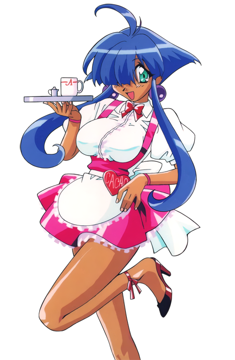 1girl 90s ahoge aqua_eyes blue_hair cacao_(lamune) character_name clothes_writing cup dark_skin earrings forearms_at_chest hair_over_one_eye holding holding_tray jewelry kotobuki_tsukasa leg_up long_hair looking_at_viewer official_art open_mouth puffy_sleeves red_footwear short_sleeves sidelocks skirt solo transparent_background tray underbust vs_knight_lamune_&amp;_40_fire waitress wristband