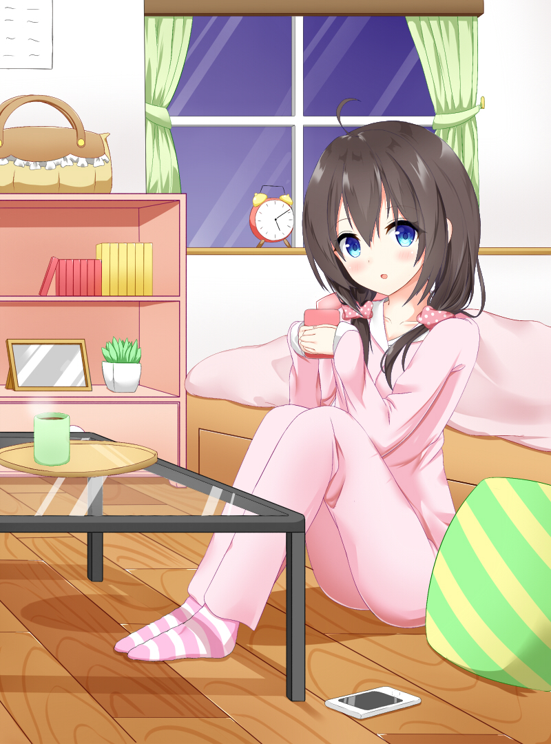 1girl ahoge alarm_clock bag bangs bed blue_eyes blush book brown_hair cellphone clock coffee_table collarbone commentary_request cup curtains eyebrows_visible_through_hair glass_table hair_between_eyes hair_ornament hair_over_shoulder hair_scrunchie holding holding_cup looking_at_viewer low_twintails night night_sky no_shoes original pajamas pants parted_lips phone pillow pink_pajamas pink_pants pink_scrunchie pink_shirt plant polka_dot polka_dot_scrunchie potted_plant roido_(taniko-t-1218) scrunchie shirt sitting sky smartphone socks solo steam striped striped_legwear table tray twintails window wooden_floor