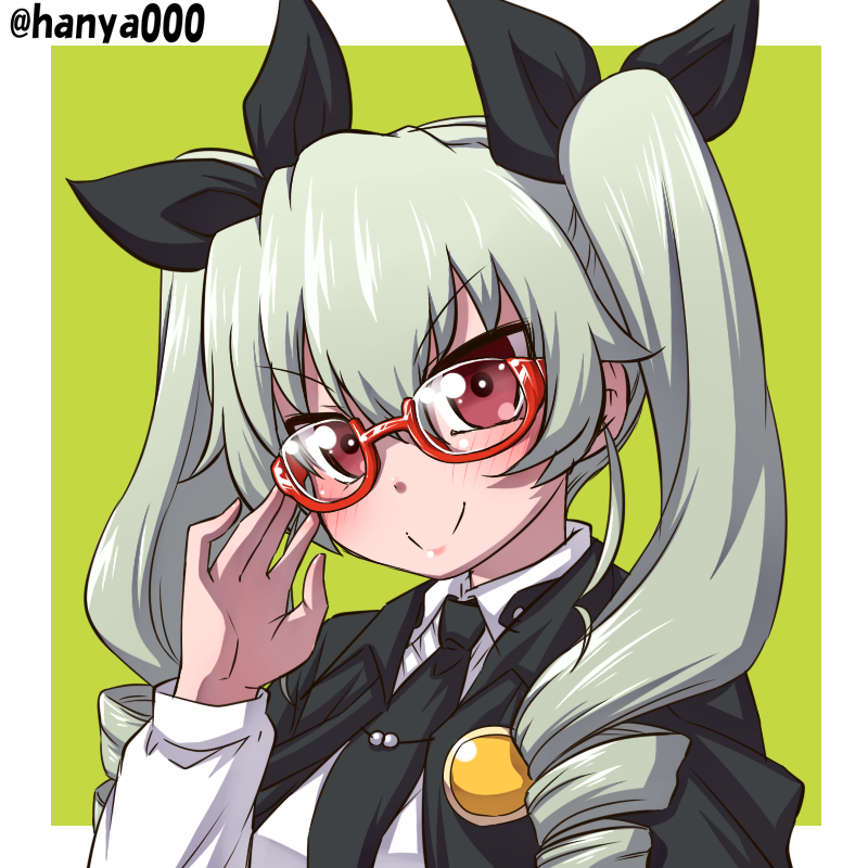 1girl adjusting_eyewear anchovy anzio_school_uniform bangs black_cape black_neckwear black_ribbon cape closed_mouth dress_shirt drill_hair eyebrows_visible_through_hair girls_und_panzer glasses green_background green_hair hair_ribbon hanya_(hanya_yashiki) long_hair long_sleeves looking_at_viewer necktie outside_border portrait red-framed_eyewear red_eyes ribbon school_uniform semi-rimless_eyewear shirt smile solo twin_drills twintails twitter_username under-rim_eyewear v-shaped_eyebrows white_shirt