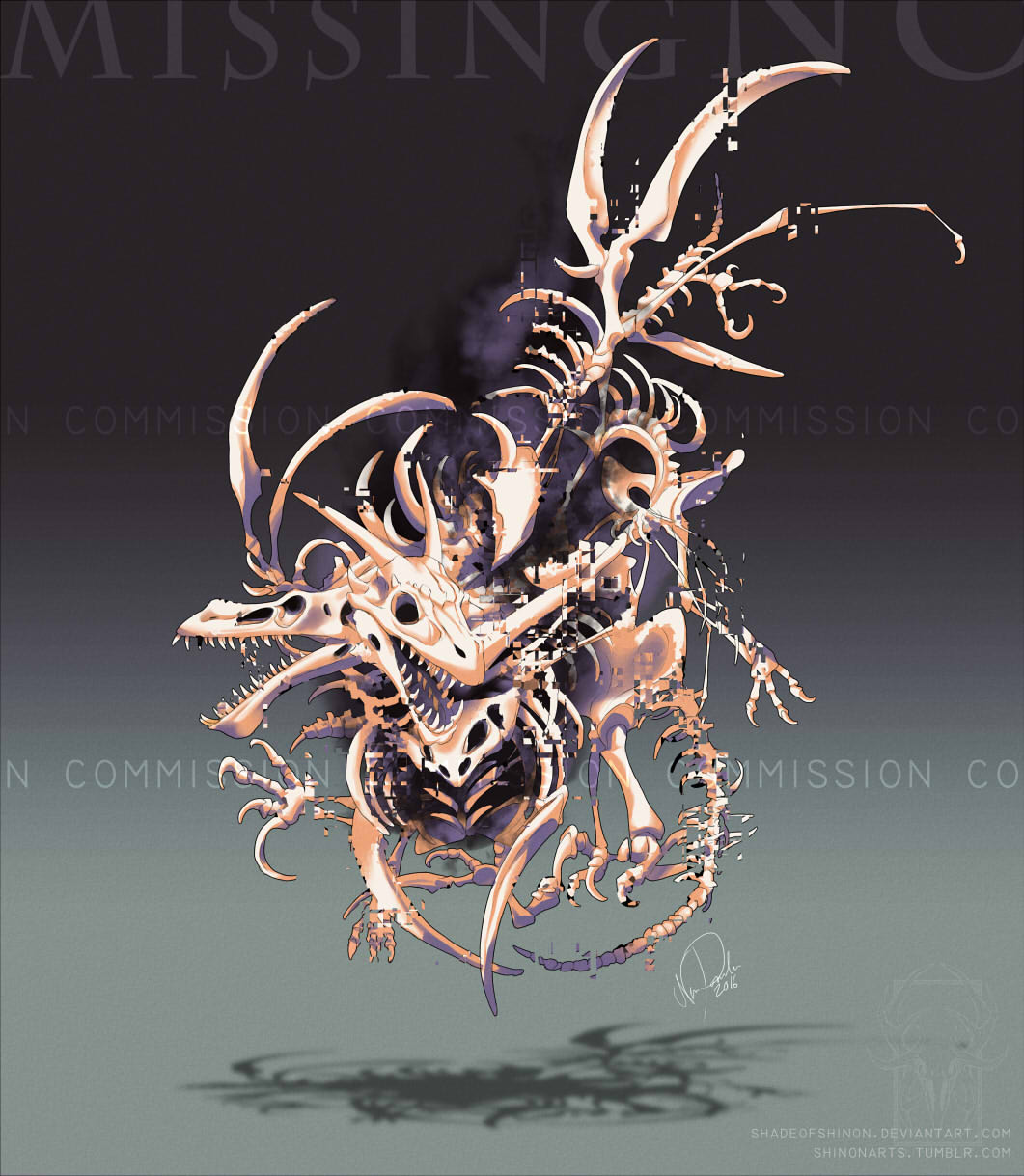 aerodactyl bone character_name claws english floating fossil fusion ghost glitch gradient gradient_background grey_background highres horns kabutops missingno. monster multiple_heads pokemon pokemon_(creature) pokemon_(game) pokemon_rgby pokemon_tower_ghost realistic shadeofshinon shadow signature skeleton spine teeth watermark web_address
