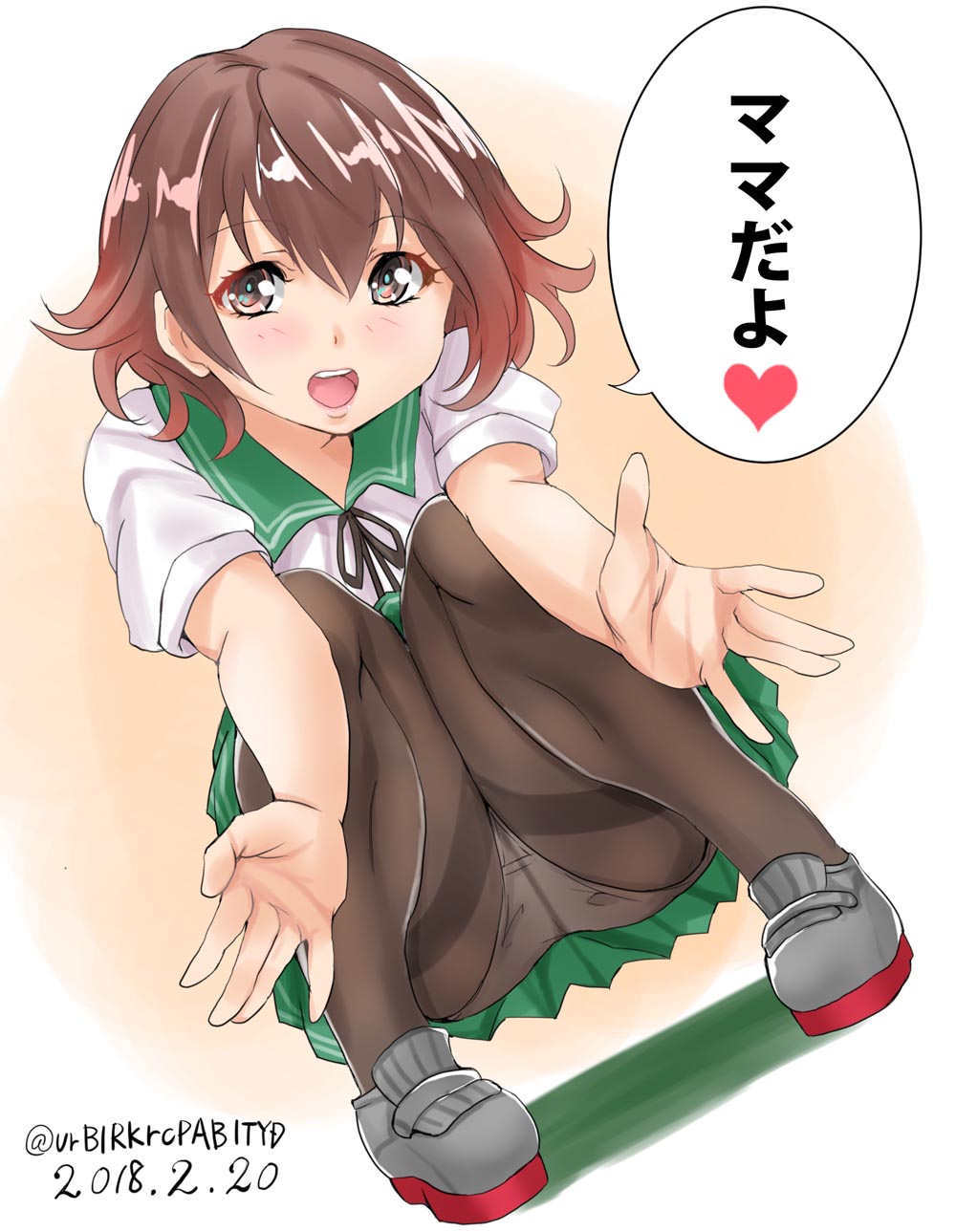 1girl black_legwear brown_hair dated dutch_angle foreshortening full_body gradient_hair green_sailor_collar green_skirt highres kantai_collection looking_at_viewer multicolored_hair mutsuki_(kantai_collection) open_mouth panties panties_under_pantyhose pantyhose pleated_skirt redhead sailor_collar school_uniform serafuku short_hair skirt solo squatting thighband_pantyhose tororo_ten twitter_username underwear white_panties