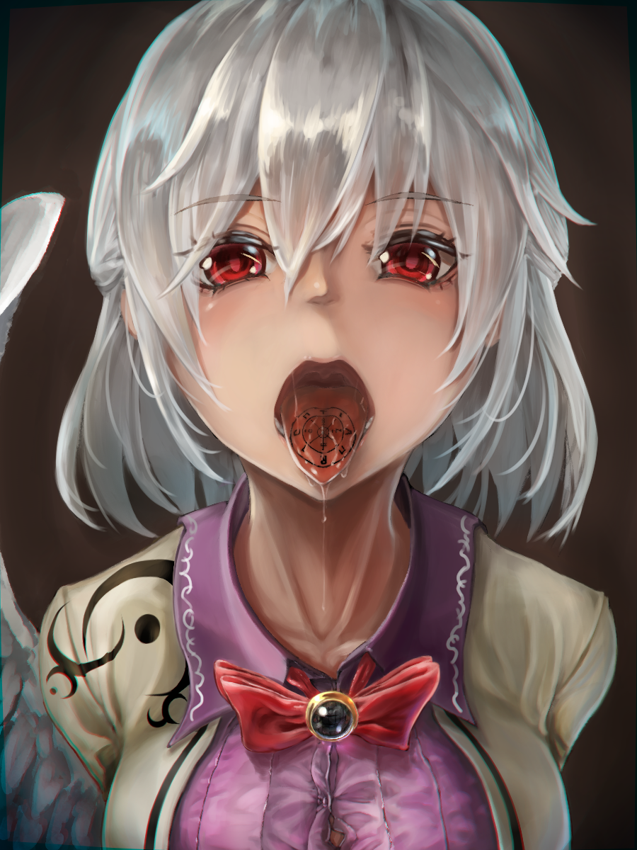 1girl bow bowtie breasts brooch brown_background commentary_request feathered_wings hair_between_eyes half_updo haruno_(kuromitugozen) highres jacket jewelry kishin_sagume large_breasts looking_at_viewer nose open_mouth red_eyes red_neckwear silver_hair single_wing solo tattoo tongue tongue_out tongue_tattoo touhou upper_body wings