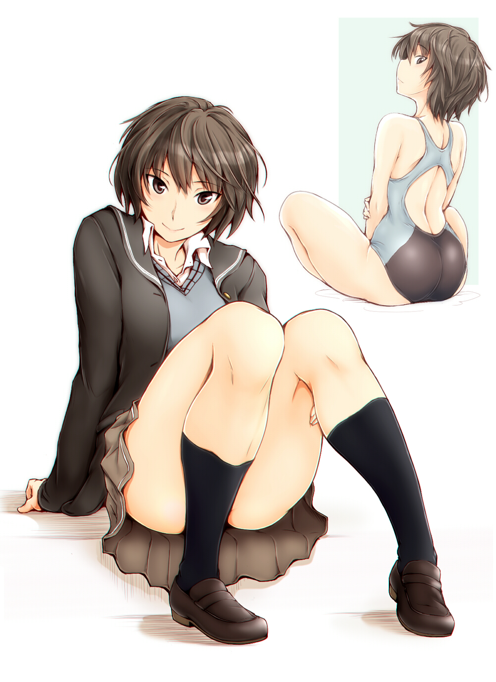 1girl amagami black_eyes black_hair black_jacket black_legwear bob_cut competition_swimsuit convenient_leg highres jacket kibito_high_school_uniform kneehighs nanasaki_ai one-piece_swimsuit sasaki_akira_(ugc) short_hair smile solo swimsuit