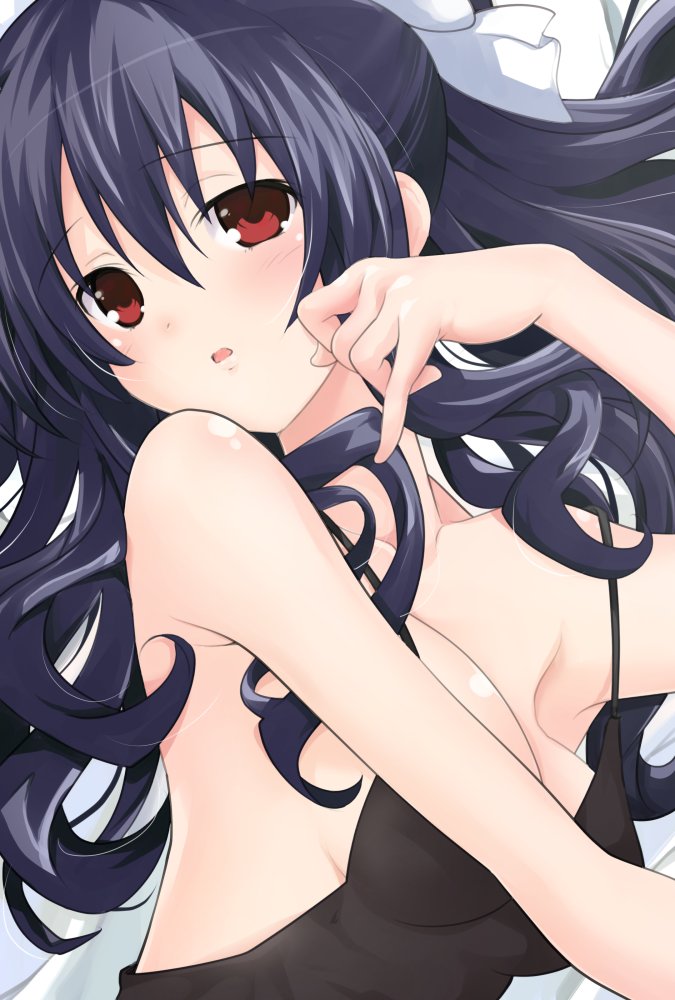 1girl alternate_breast_size alternate_costume bare_shoulders black_dress black_hair blush breasts cleavage collarbone commentary_request dress hair_ribbon hand_on_own_cheek iwasi-r long_hair looking_at_viewer looking_up lying medium_breasts neptune_(series) on_side red_eyes ribbon solo spaghetti_strap uni_(choujigen_game_neptune) upper_body white_ribbon