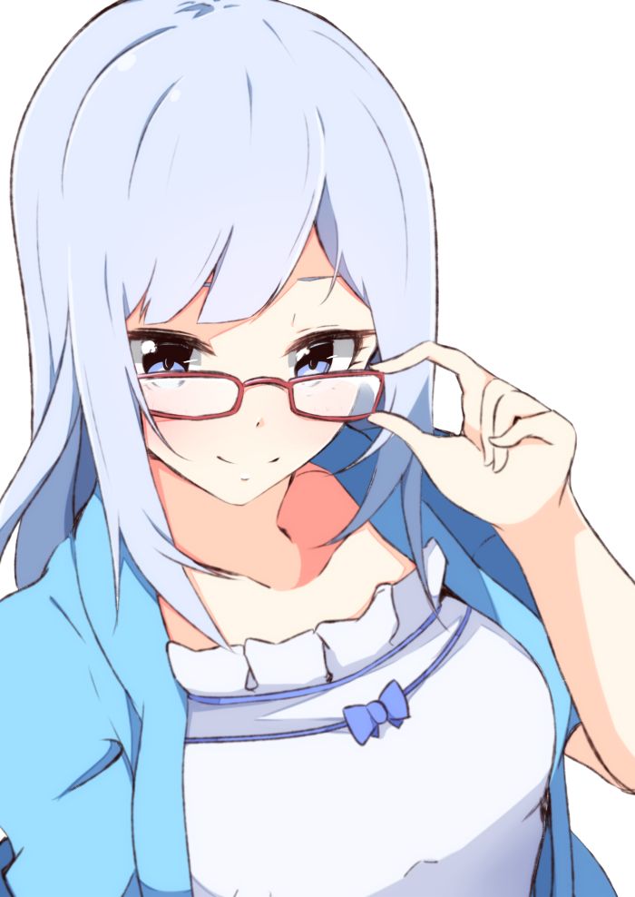 1girl adjusting_eyewear bangs bespectacled blue_bow blue_eyes blue_hair blue_jacket blush bow breasts closed_mouth collarbone enelis glasses idolmaster idolmaster_million_live! idolmaster_million_live!_theater_days jacket long_hair medium_breasts open_clothes open_jacket red-framed_eyewear shiraishi_tsumugi shirt simple_background smile solo white_background white_shirt