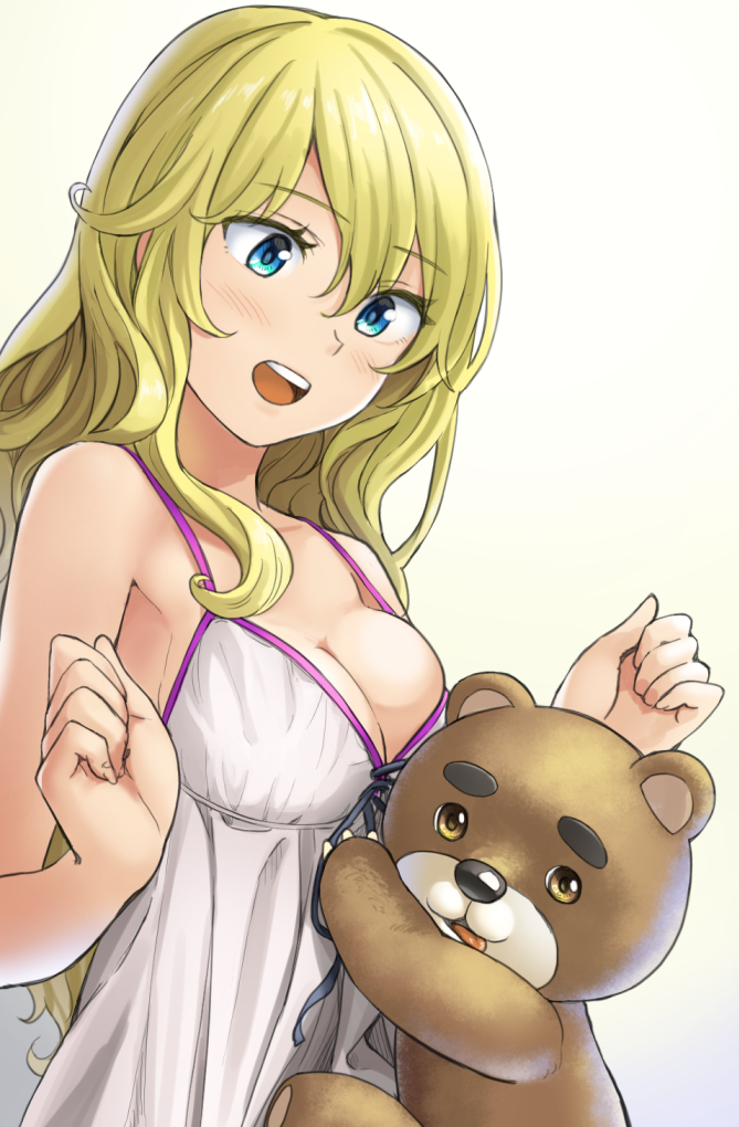 1girl bangs bare_arms bare_shoulders blonde_hair blue_eyes breasts camisole cleavage commentary_request eyebrows_visible_through_hair gradient gradient_background hair_between_eyes long_hair looking_down medium_breasts original shiny shiny_hair sleeveless solo spaghetti_strap strap_gap stuffed_animal stuffed_toy teddy_bear upper_body very_long_hair wavy_hair yellow_background yoropa