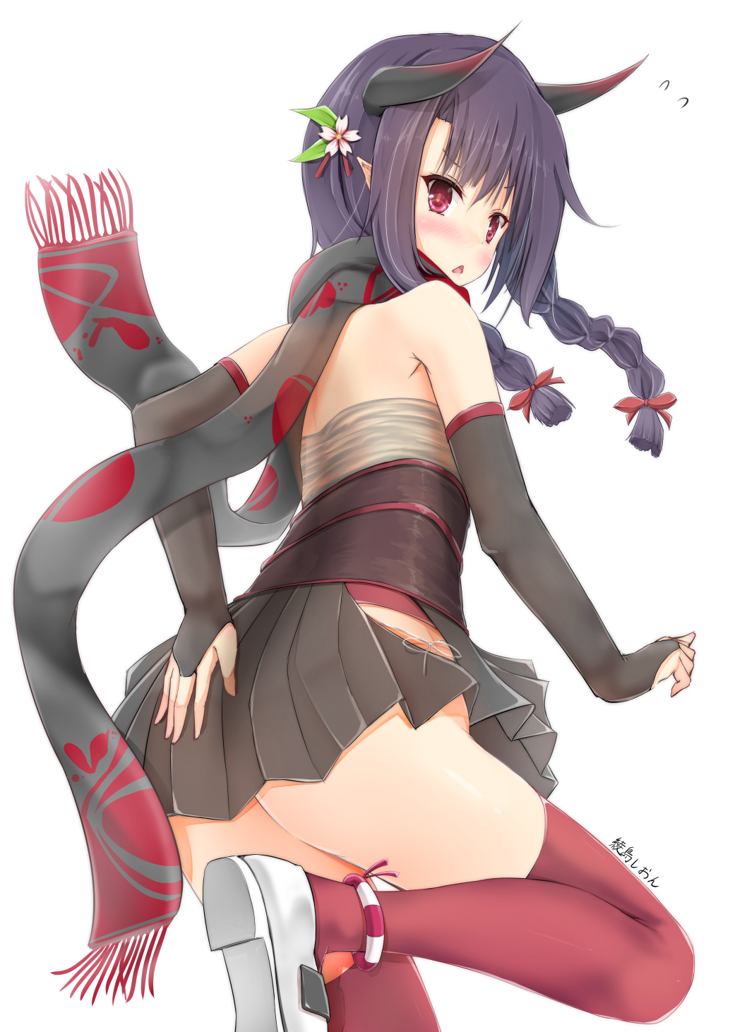 1girl azur_lane bangs bare_back bare_shoulders black_skirt blush braid bridal_gauntlets commentary_request eyebrows_visible_through_hair flower flying_sweatdrops fringe grey_scarf hair_between_eyes hair_flower hair_ornament highres horns kuroshio_(azur_lane) low_twintails maru_shion nose_blush parted_lips pink_flower pleated_skirt print_scarf purple_hair red_eyes red_legwear scarf shoes sidelocks simple_background skirt solo standing standing_on_one_leg thigh-highs translated twin_braids twintails white_background white_footwear