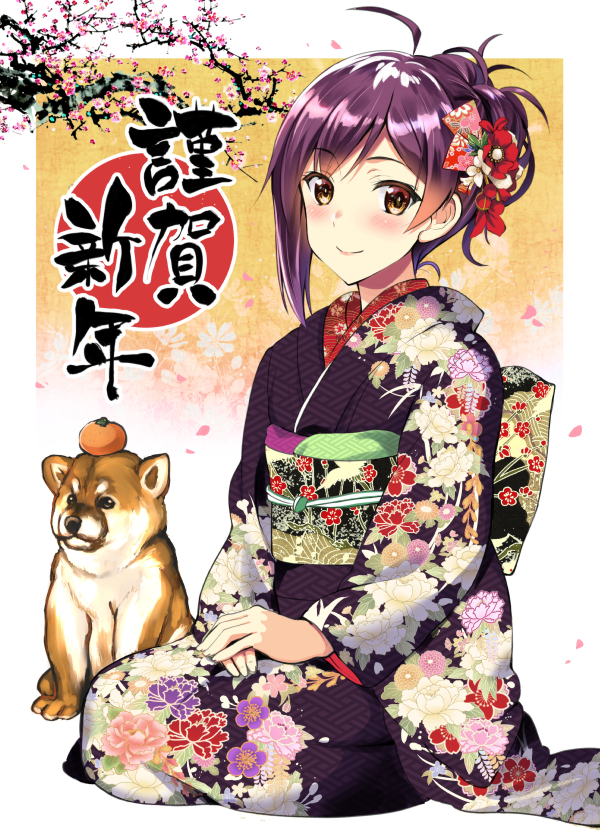 1girl ahoge alternate_costume animal brown_eyes dog floral_print food fruit hagikaze_(kantai_collection) japanese_clothes kantai_collection kimono kyougoku_shin long_hair long_sleeves mandarin_orange new_year obi purple_hair sash smile solo wide_sleeves yukata