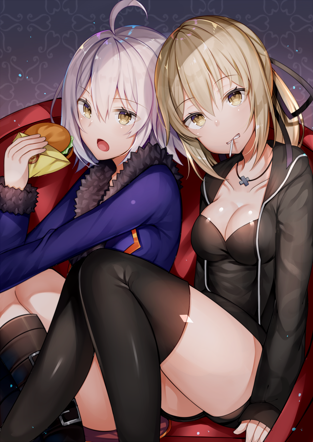 2girls ahoge aozora_nan artoria_pendragon_(all) black_dress black_legwear black_ribbon blonde_hair blue_jacket breasts candy dress eating fate/grand_order fate_(series) food fur_trim hair_ribbon hamburger highres holding holding_food indoors jacket jeanne_d'arc_(alter)_(fate) jeanne_d'arc_(fate)_(all) jewelry lollipop long_sleeves looking_at_viewer medium_breasts multiple_girls necklace open_clothes open_jacket open_mouth ponytail ribbon saber_alter shiny shiny_hair shiny_skin short_hair silver_hair thigh-highs wicked_dragon_witch_ver._shinjuku_1999 yellow_eyes