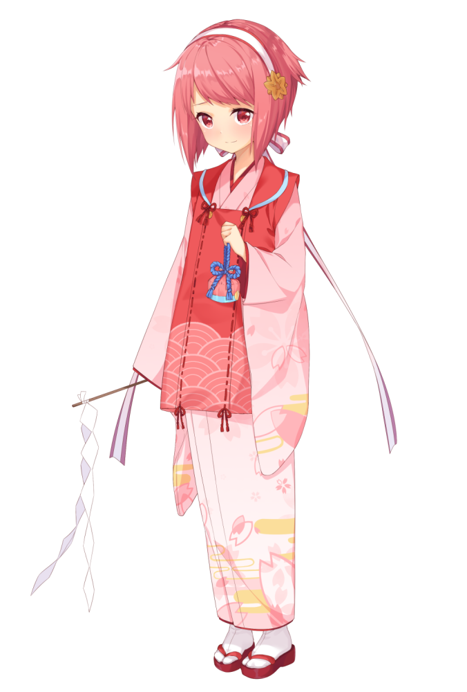 1girl arm_at_side bangs blue_ribbon blush closed_mouth fire_emblem fire_emblem_if full_body geta gohei hairband holding japanese_clothes kimono leaf_print long_sleeves looking_at_viewer pink_hair pink_kimono pouch print_kimono raised_eyebrows red_eyes red_footwear red_ribbon ribbon ribbon_trim sakura_(fire_emblem_if) shiny shiny_hair short_hair smile solo standing tabi tareme transistor white_hairband white_legwear wide_sleeves