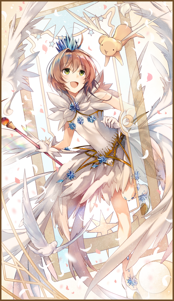 1girl :d animal bangs bird blush brown_hair card_captor_sakura creature crown dress eyebrows_visible_through_hair feathered_wings gloves green_eyes hair_between_eyes hirai_yuzuki holding holding_wand kero kinomoto_sakura mini_crown open_mouth shoes sleeveless sleeveless_dress smile standing standing_on_one_leg star wand white_dress white_footwear white_gloves white_wings wings