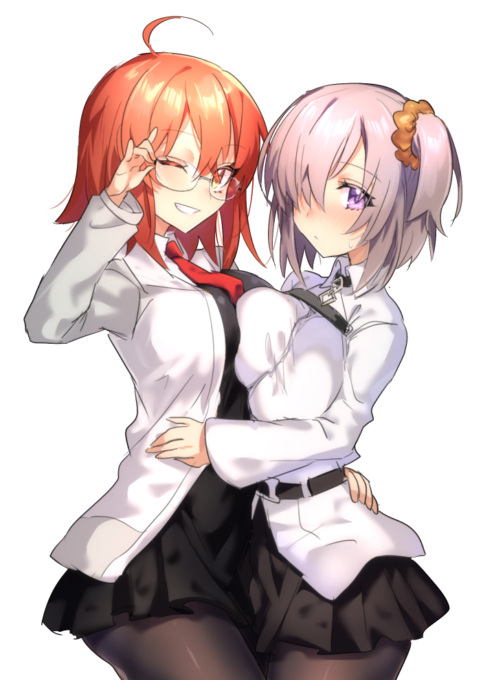 2girls ahoge alternate_hairstyle black_dress black_legwear blush breasts chaldea_uniform cosplay costume_switch dress fate/grand_order fate_(series) fujimaru_ritsuka_(female) fujimaru_ritsuka_(female)_(cosplay) glasses hair_ornament hair_over_one_eye hair_scrunchie jacket lavender_hair looking_at_viewer makita_(homosapiensu) mash_kyrielight mash_kyrielight_(cosplay) multiple_girls necktie one_eye_closed one_side_up orange_eyes orange_hair pantyhose purple_hair red_neckwear scrunchie short_hair side_ponytail skirt smile violet_eyes white_jacket