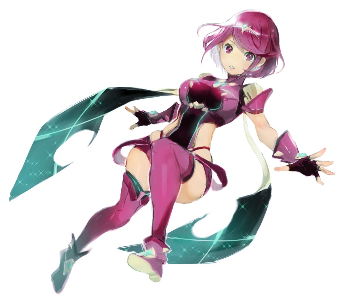 1girl aisutabetao breasts earrings fingerless_gloves gloves hair_ornament pyra_(xenoblade) jewelry large_breasts looking_at_viewer red_eyes redhead short_hair shorts sidelocks simple_background solo tiara white_background xenoblade xenoblade_2