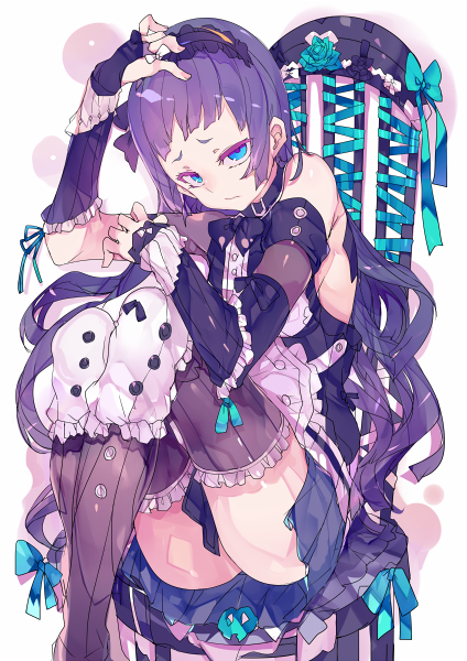 1girl aqua_eyes aqua_ribbon arm_up bangs bare_shoulders black_bow black_neckwear bow bowtie buttons character_request closed_mouth colored_eyelashes commentary_request detached_sleeves eyelashes eyes_visible_through_hair frilled_legwear frilled_sleeves frills furrowed_eyebrows gothic_lolita hairband hand_on_own_head hand_up kiyoichi_(acacia_soukyoukai) knees_up lolita_fashion lolita_hairband long_hair long_sleeves looking_at_viewer on_chair original purple_hair ribbon shy simple_background sitting solo thigh-highs very_long_hair white_background