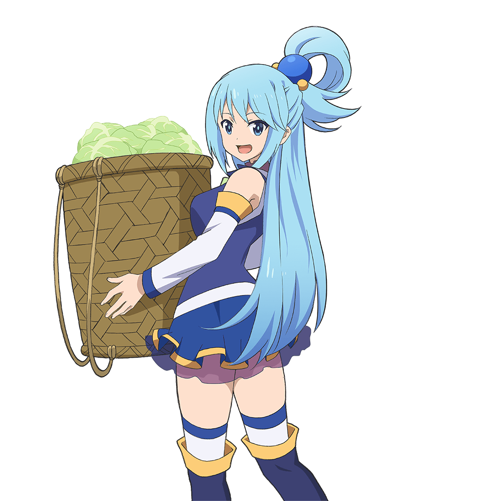 1girl aqua_(konosuba) blue_eyes blue_footwear blue_hair blue_legwear blue_shirt blue_skirt boots bow detached_sleeves green_bow hair_rings kono_subarashii_sekai_ni_shukufuku_wo! official_art shirt skirt thigh-highs thigh_boots uchi_no_hime-sama_ga_ichiban_kawaii