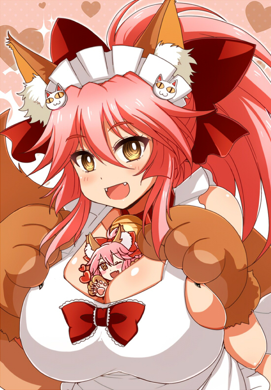 1girl :d ;d afuro bangs bare_shoulders between_breasts blush bow breasts bright_pupils brown_gloves brown_hair cat_hair_ornament character_doll chibi collar eyebrows_visible_through_hair fangs fate/grand_order fate_(series) gloves hair_bow hair_ornament heart heart_background large_breasts looking_at_viewer maid_headdress one_eye_closed open_mouth paw_shoes pink_hair ponytail red_bow shiny shiny_hair shoes smile solo sparkle tamamo_(fate)_(all) tamamo_cat_(fate) upper_body