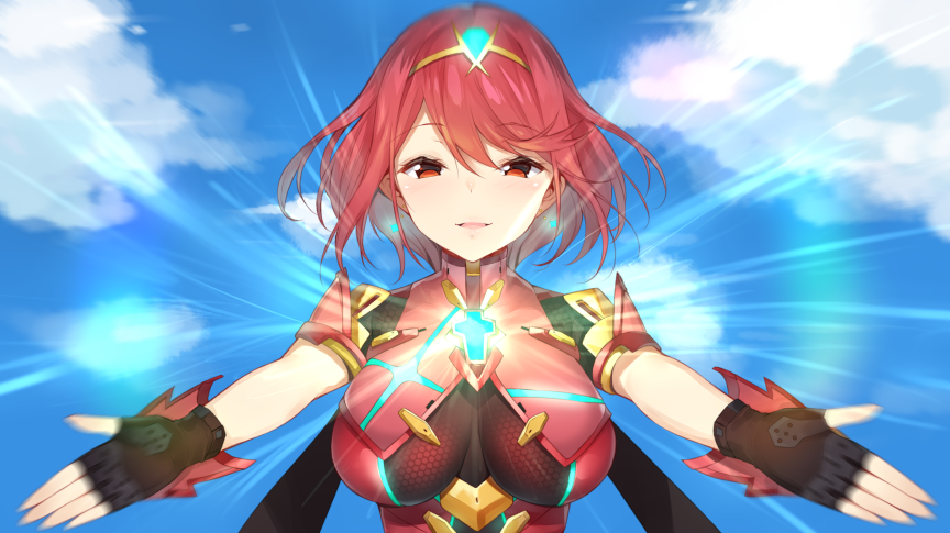 1girl blush breasts earrings fingerless_gloves gloves hair_ornament pyra_(xenoblade) jewelry large_breasts looking_at_viewer red_eyes redhead short_hair simple_background smile solo tiara xenoblade xenoblade_2 yappen