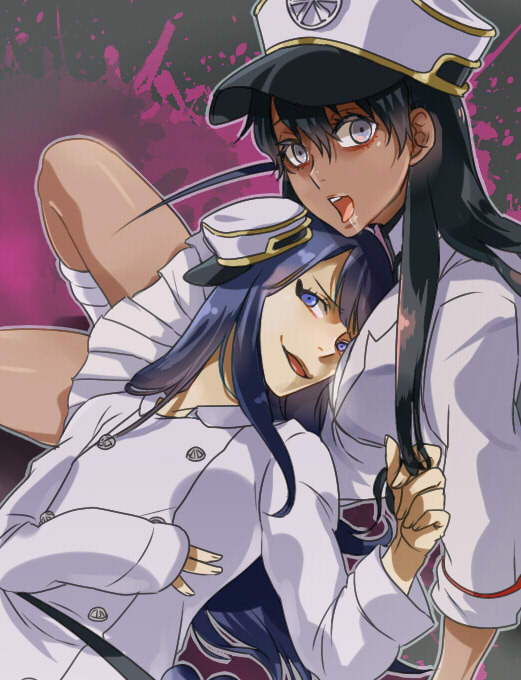 1boy 1girl :o androgynous anko_(tkg0705) bambietta_basterbine bare_legs between_breasts bleach buttons crossdressinging dark_skin drooling eyeliner giselle_gewelle hair_between_eyes hat head_between_breasts long_hair long_sleeves lying makeup military military_hat military_uniform on_back sitting sleeves_past_wrists trap uniform