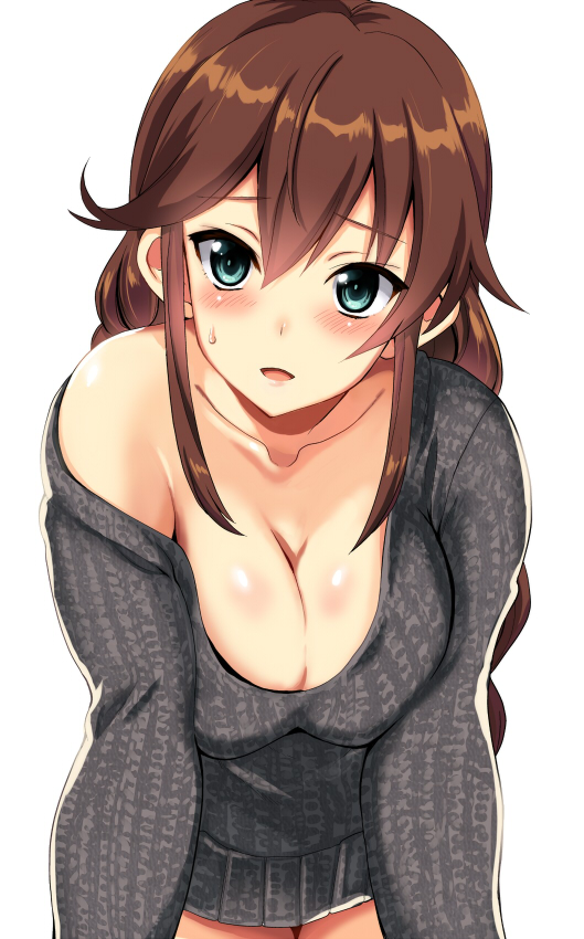 1girl bare_shoulders blush breasts brown_hair cleavage collarbone eyebrows_visible_through_hair green_eyes kantai_collection kyougoku_shin large_breasts leaning_forward long_hair looking_at_viewer naked_sweater navel noshiro_(kantai_collection) off_shoulder open_mouth shiny shiny_skin simple_background smile solo standing sweatdrop sweater white_background
