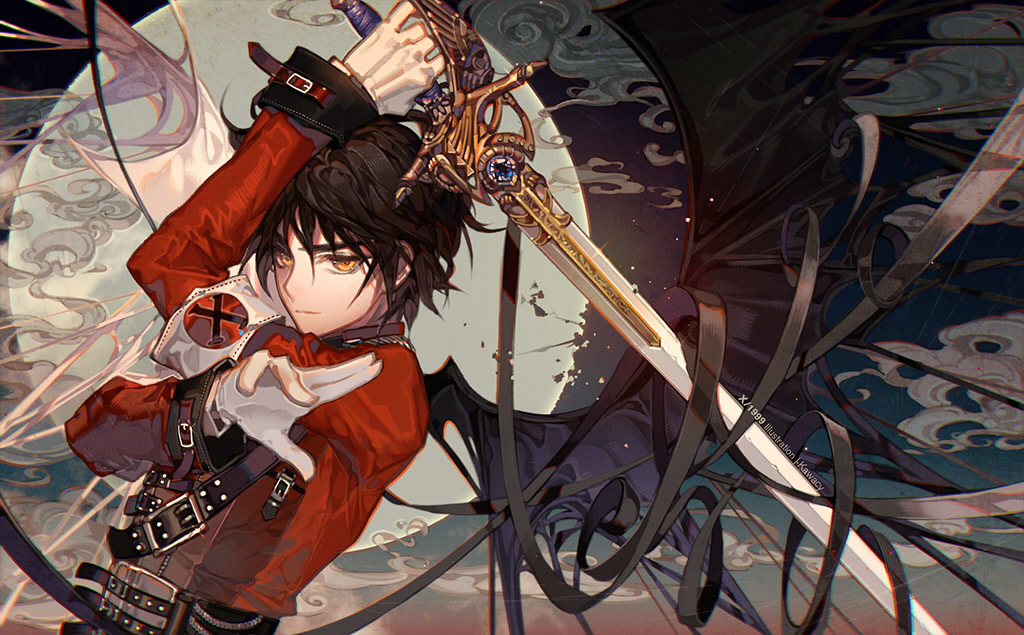 1boy arm_up armband artist_name bangs bat_wings black_hair black_wings buckle closed_mouth clouds copyright_name full_moon glint holding holding_sword holding_weapon hug kawacy long_sleeves looking_at_viewer male_focus military military_uniform moon orange_eyes shirou_kamui smile sword uniform upper_body weapon wings x_(manga)