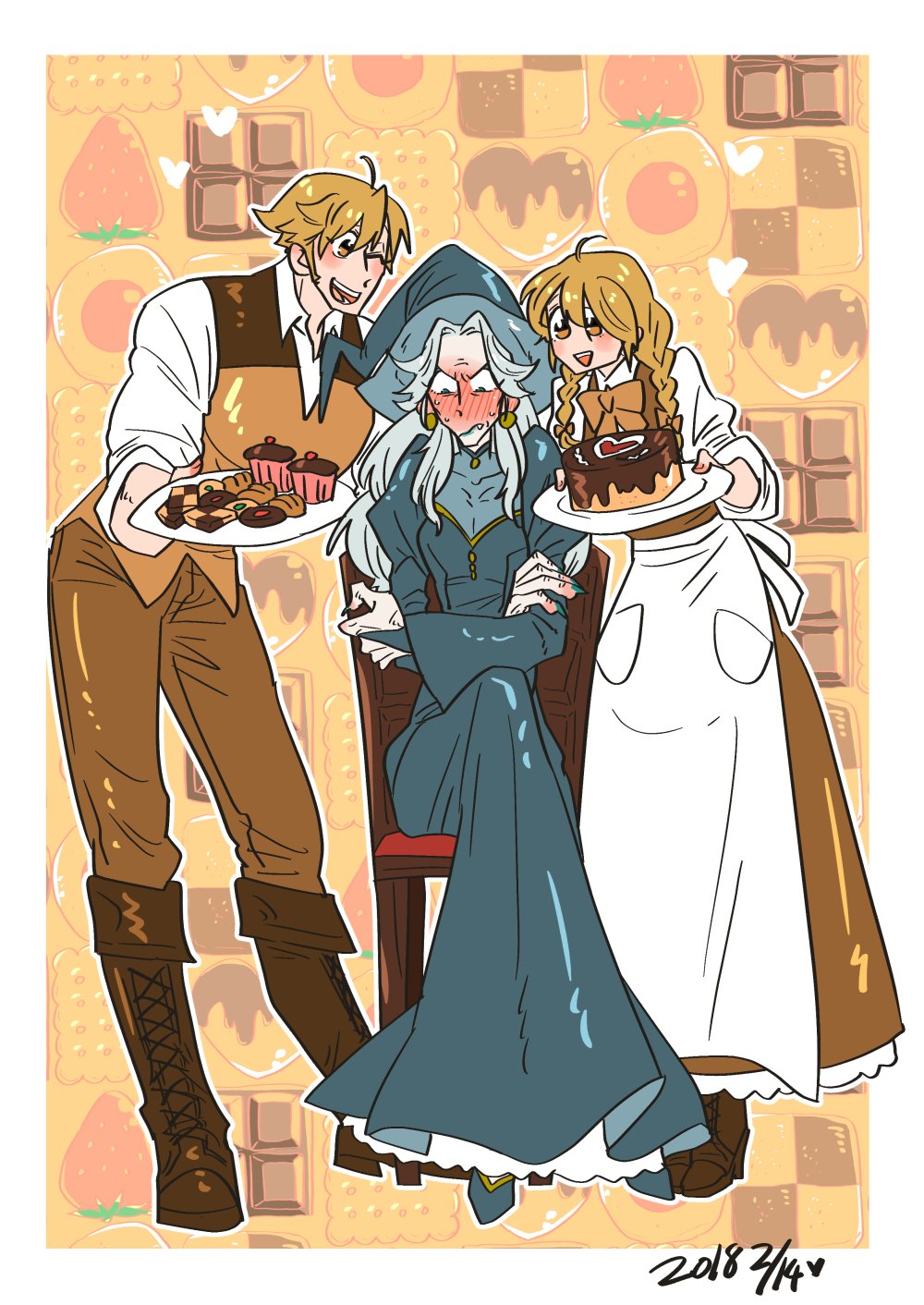 1boy 2girls ;d blue_nails boots braid brother_and_sister brown_hair cake chai cookie food gretel_(grimm) grey_hair hansel_(grimm) hansel_and_gretel hat highres majo_shuukai_de_aimashou multiple_girls nail_polish older one_eye_closed open_mouth plate siblings sitting smile tarousanlove1 twin_braids waistcoat witch witch_hat