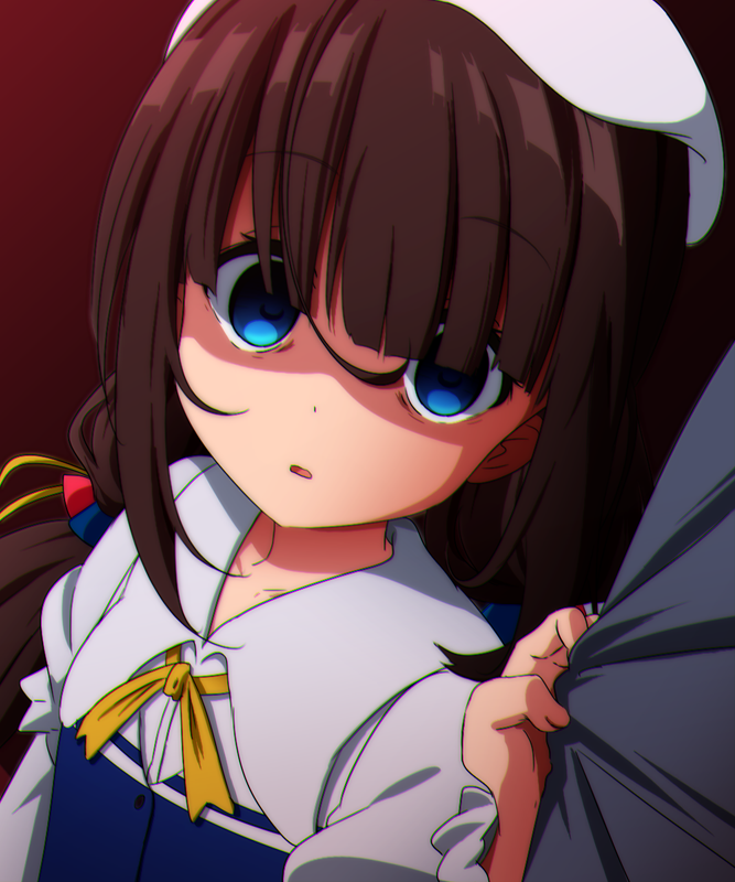 1girl beret blue_dress blue_eyes brown_hair clothes_grab commentary_request dress empty_eyes fingernails hair_over_eyes hat hinatsuru_ai igashiko long_hair looking_at_viewer low_twintails parted_lips red_background ryuuou_no_oshigoto! school_uniform shaded_face sidelocks solo_focus twintails white_hat yandere