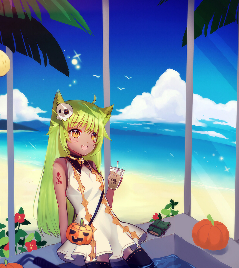 1girl :d ahoge animal_ears arm_support bangs beach bell bird black_legwear blue_sky blush breasts brown_eyes cat_ears clouds commentary cup dark_skin day dress drinking_straw eyebrows_visible_through_hair facial_mark fang green_hair hair_between_eyes halloween halloween_basket holding holding_cup horizon jingle_bell long_hair looking_away maodouzi mask mask_on_head ocean open_mouth original outdoors palm_tree plastic_cup pumpkin sand sitting skull_mask sky sleeveless sleeveless_dress small_breasts smile solo sparkle thigh-highs tree very_long_hair white_dress