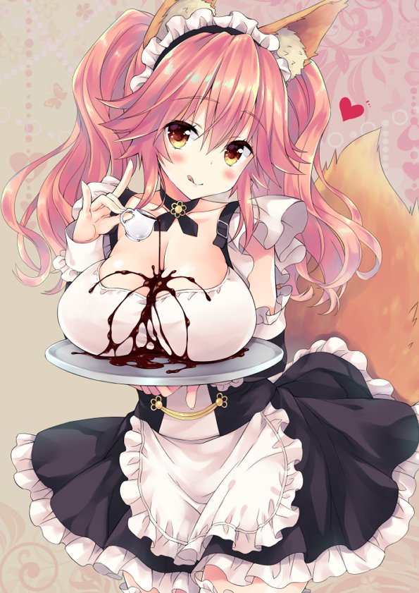 animal_ears blush breasts cleavage fate_(series) fox_ears fox_tail large_breasts pink_hair sasorigatame tail tamamo_(fate)_(all) tamamo_no_mae_(fate) tongue tongue_out yellow_eyes