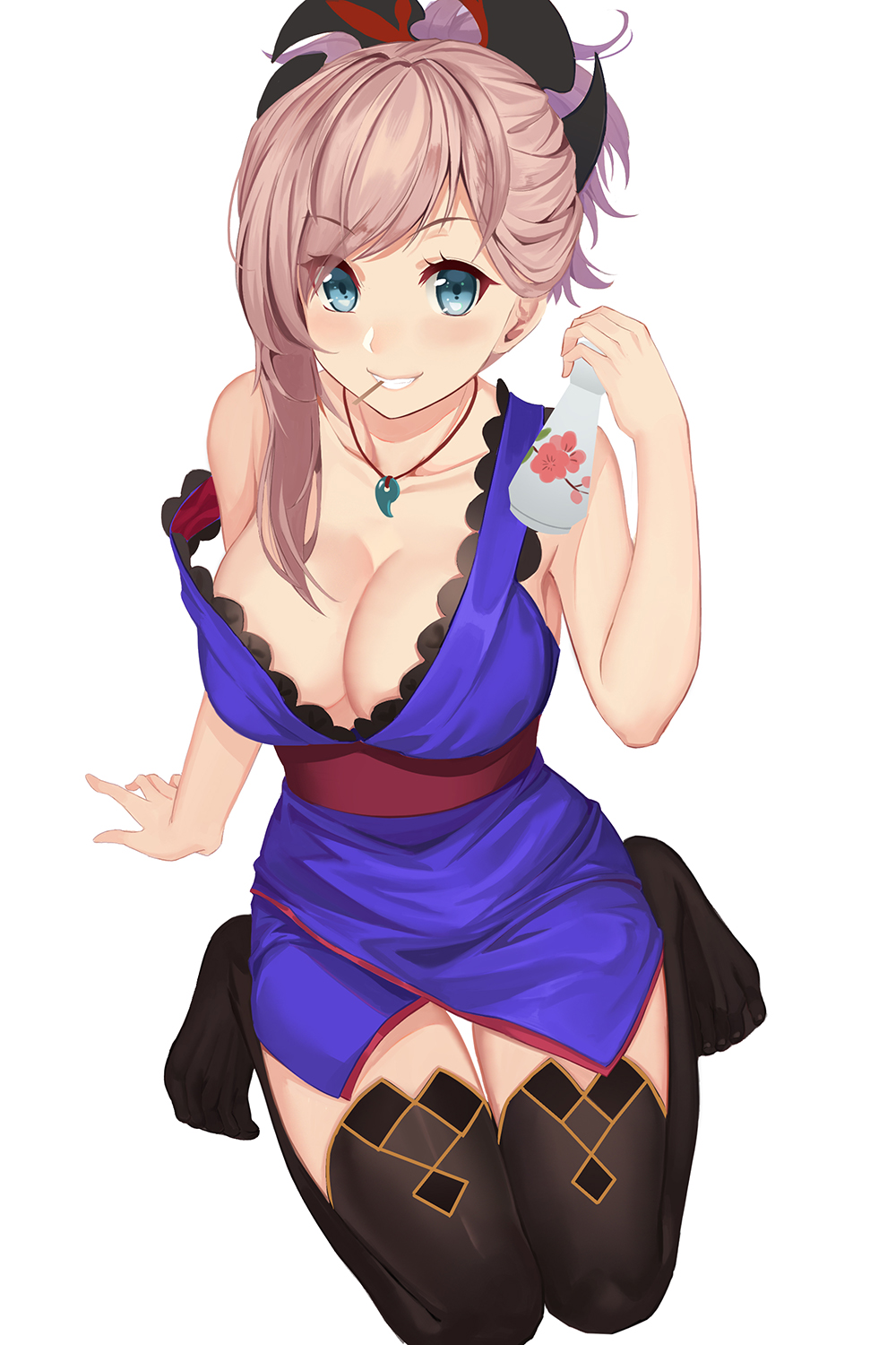 1girl bangs bare_arms bare_shoulders black_legwear blue_eyes breasts brown_hair cleavage collarbone commentary_request dress eyebrows_visible_through_hair fate/grand_order fate_(series) full_body gaoyang_ou_nisang grin hair_ornament highres holding jewelry large_breasts long_hair looking_at_viewer magatama miyamoto_musashi_(fate/grand_order) mouth_hold no_shoes pendant purple_dress simple_background sleeveless sleeveless_dress smile solo strap_slip thigh-highs white_background