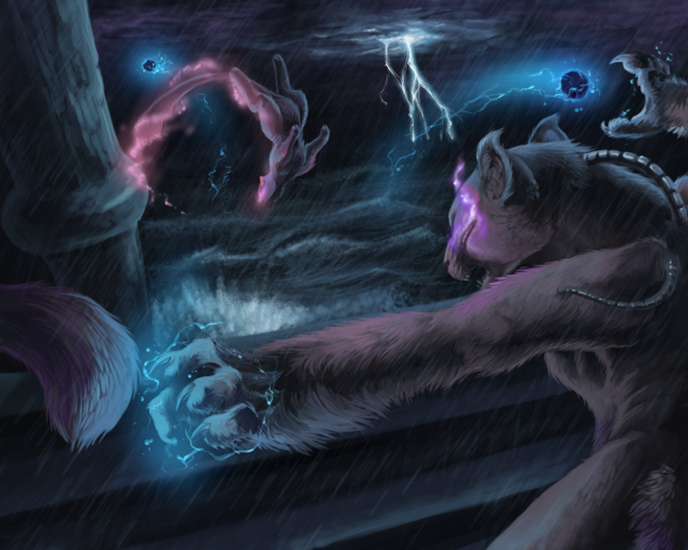 angry arms_up commentary endivinity floating glowing glowing_eyes mew mewtwo night night_sky ocean outdoors outstretched_arm pokemon pokemon_(game) pokemon_rgby rain realistic sky storm telekinesis thunder