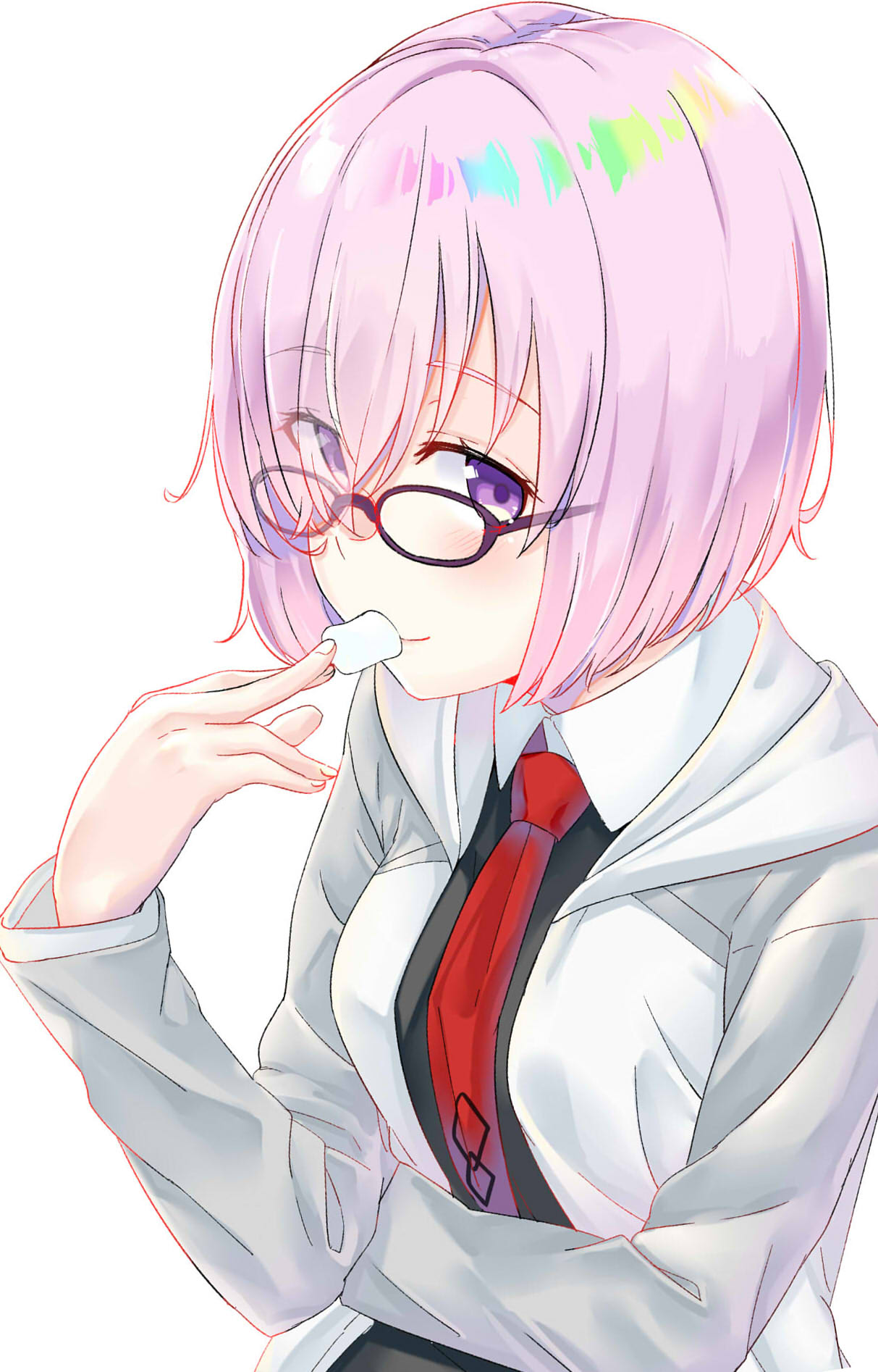 1girl black-framed_eyewear black_dress closed_mouth collared_dress dress eyes_visible_through_hair fate/grand_order fate_(series) food glasses hair_over_one_eye highres jacket long_sleeves looking_at_viewer marshmallow mash_kyrielight necktie open_clothes open_jacket pink_hair red_neckwear shiny shiny_hair shisuo short_hair simple_background smile solo tareme upper_body white_background white_jacket wing_collar