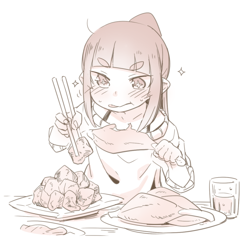 +_+ 1girl :t akari_(raigou) bangs blunt_bangs blush chopsticks closed_mouth collarbone cup drink drinking_glass eyebrows_visible_through_hair fingernails food food_request high_ponytail holding holding_chopsticks holding_food long_hair long_sleeves looking_away looking_down monochrome original plate ponytail raigou sepia solo sparkle sweat sweater thick_eyebrows tongue tongue_out v-shaped_eyebrows