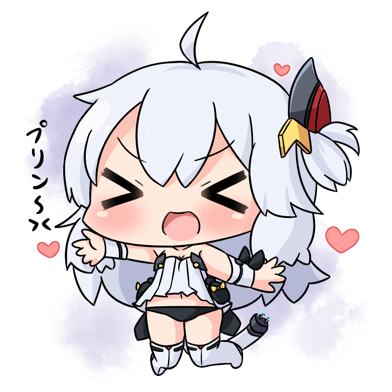 &gt;_&lt; 1girl :d ahoge azur_lane bangs bare_shoulders black_panties blush boots breasts chibi cleavage collarbone commentary_request eyebrows_visible_through_hair facing_viewer full_body hair_between_eyes hair_ornament hana_kazari heart long_hair navel one_side_up open_mouth outstretched_arms panties shirt silver_hair small_breasts smile solo strapless tail thigh-highs thigh_boots translated underwear universal_bullin_(azur_lane) v-shaped_eyebrows very_long_hair white_footwear white_legwear white_shirt xd