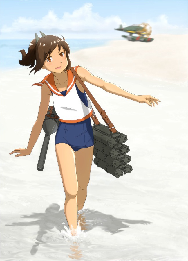 1girl :d aircraft airplane bare_arms bare_legs bare_shoulders beach blue_sky blue_swimsuit brown_eyes brown_hair clouds collarbone competition_school_swimsuit day full_body horizon i-401_(kantai_collection) kantai_collection kontanro looking_at_viewer m6a_seiran motion_blur ocean open_mouth orange_sailor_collar ponytail propeller rigging sailor_collar sand shadow shiny shiny_hair shirt shore short_hair sky sleeveless sleeveless_shirt smile solo sunlight swimsuit tareme thigh_gap walking water white_shirt