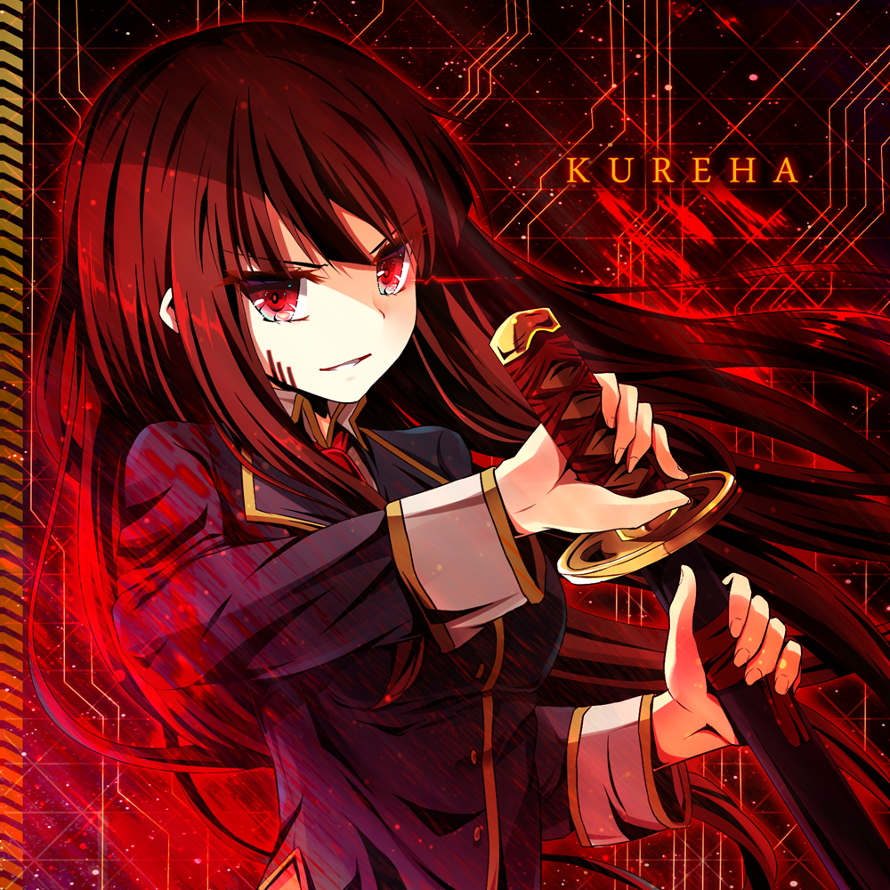 1girl akine_(kuroyuri) bemani character_name commentary_request ears_visible_through_hair holding holding_sword holding_weapon katana kureha_(sound_voltex) long_hair long_sleeves red_background red_eyes redhead sleeve_cuffs solo sound_voltex sword upper_body weapon
