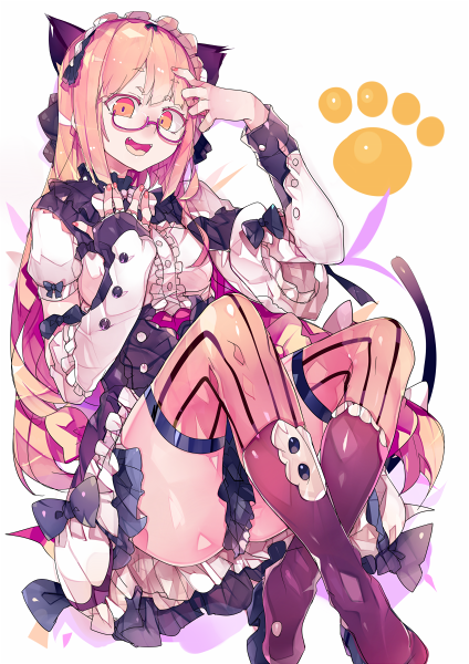 1girl :d animal_ears arm_up asymmetrical_sleeves bangs black_bow black_footwear boots bow breasts buttons cat_ears cat_girl cat_tail center_frills character_request commentary_request constricted_pupils crossed_ankles detached_sleeves eyebrows_visible_through_hair fangs frilled_shirt_collar frills hand_on_forehead hand_up high_heel_boots high_heels kiyoichi_(acacia_soukyoukai) knee_boots knees_up long_hair long_sleeves looking_at_viewer medium_breasts nail_polish open_mouth orange_eyes orange_hair original paw_print raised_eyebrows semi-rimless_eyewear short_eyebrows simple_background smile solo striped striped_legwear tail thick_eyebrows thigh-highs under-rim_eyewear vertical-striped_legwear vertical_stripes very_long_hair white_background