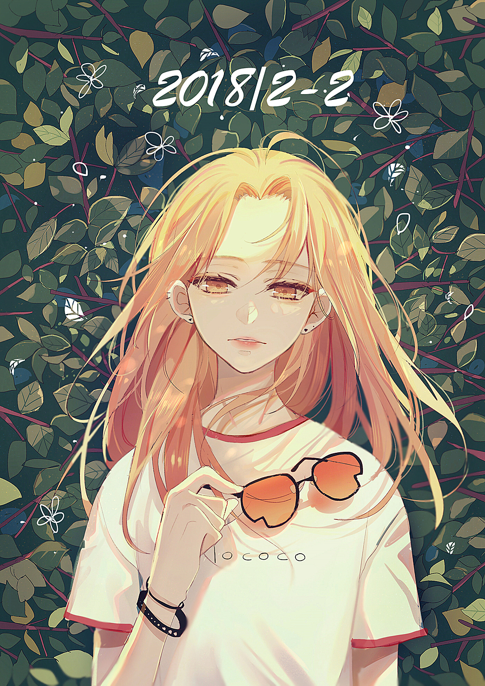 1girl artist_name bangs blonde_hair clothes_writing dated earrings eyebrows_visible_through_hair eyewear_removed hand_up highres holding holding_eyewear jewelry leaf lococo:p looking_at_viewer messy_hair orange_eyes orange_glasses original parted_bangs parted_lips short_sleeves solo sunglasses upper_body wristband