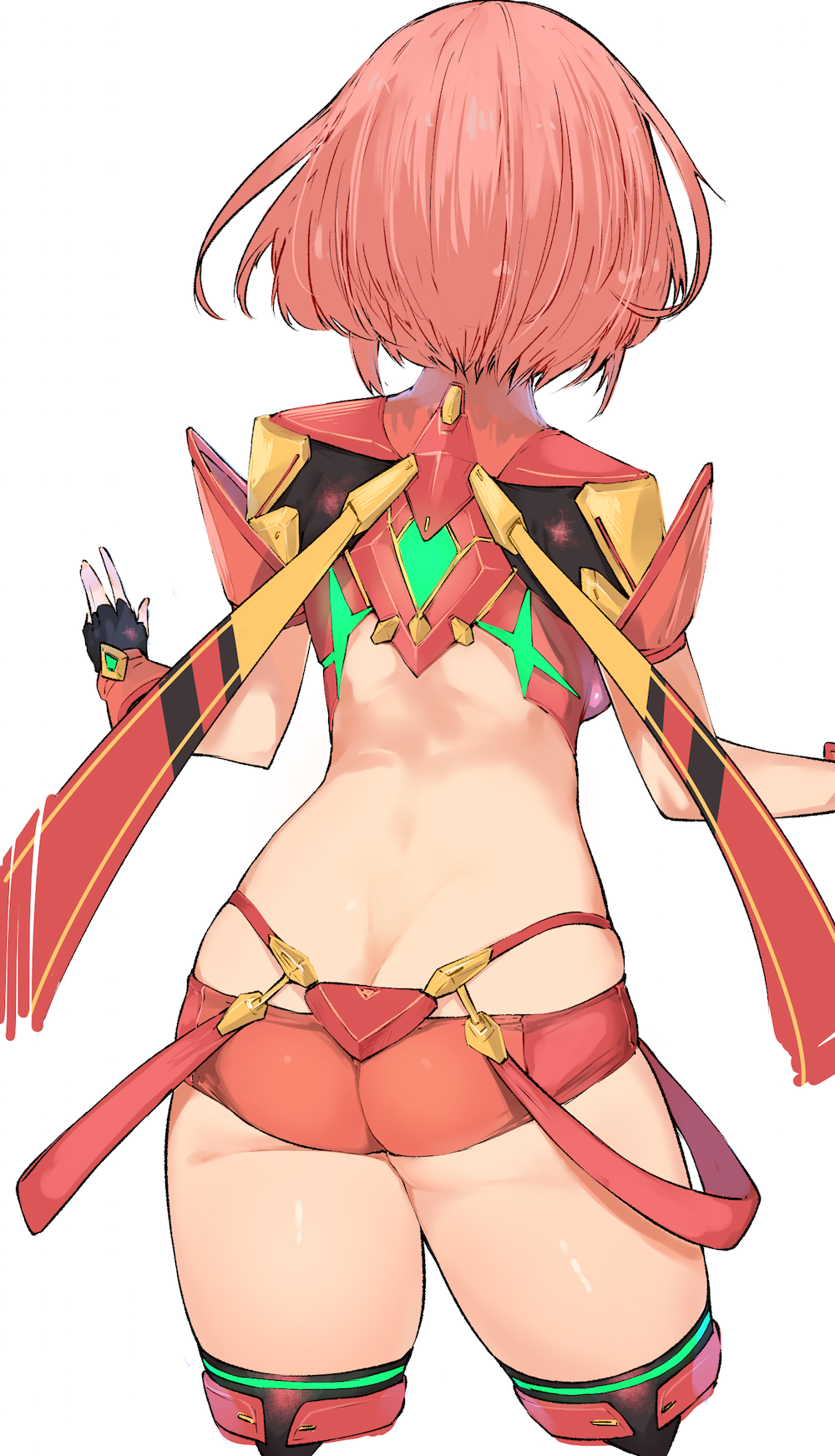 1girl armor ass back backboob backless_outfit boots breasts butt_crack commentary_request fingerless_gloves from_behind gloves highres pyra_(xenoblade) kei_(soundcross) medium_breasts redhead short_hair short_shorts shorts simple_background thigh-highs thigh_boots white_background xenoblade xenoblade_2