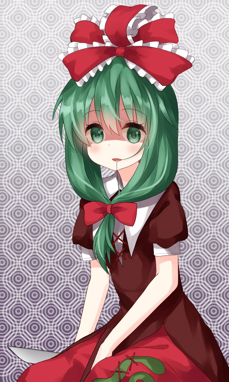 1girl background blouse blush bow commentary_request eyebrows_visible_through_hair eyelashes frilled_ribbon frills front_ponytail green_eyes green_hair hair_bow hair_ribbon highres kagiyama_hina knife lace-trimmed_blouse looking_at_viewer open_mouth puffy_short_sleeves puffy_sleeves red_blouse red_bow red_ribbon red_skirt ribbon ruu_(tksymkw) shaded_face short_sleeves sitting skirt solo touhou yandere