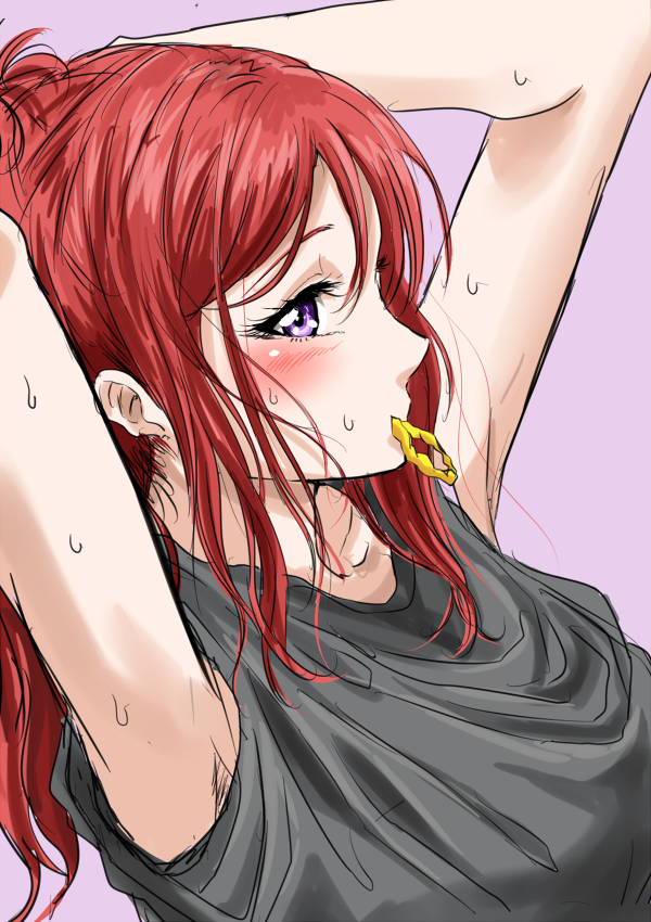 1girl adjusting_hair armpits arms_up blush hair_tie long_hair looking_at_viewer love_live! love_live!_school_idol_project mouth_hold nishikino_maki redhead ribbon_in_mouth shogo_(4274732) sweatdrop tying_hair violet_eyes