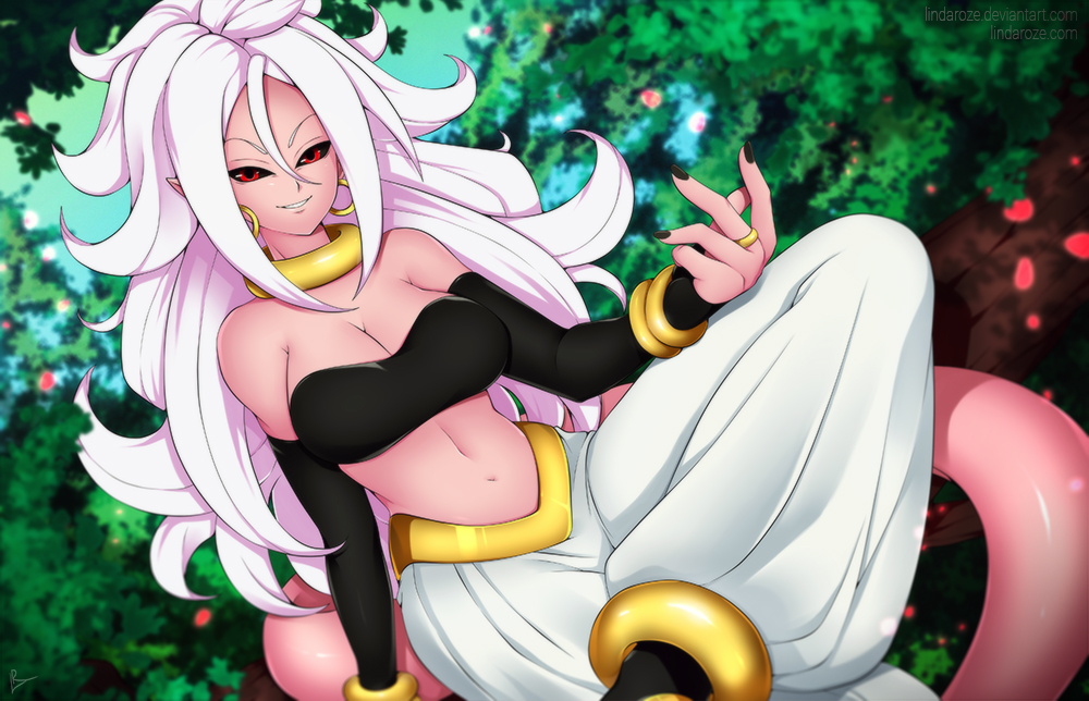 1girl alina_pegova android_21 android_21_(evil) bare_shoulders black_sclera breasts cleavage detached_sleeves dragon_ball dragon_ball_fighterz earrings grin harem_pants jewelry large_breasts long_hair majin_android_21 midriff monster_girl navel pants pink_skin red_eyes ring smile solo tail white_hair