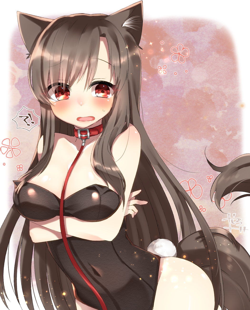 !? 1girl abe_suke alternate_costume animal_ears bangs blush breasts brown_hair bunny_tail bunnysuit cleavage commentary_request cowboy_shot crossed_arms erect_nipples eyebrows_visible_through_hair fake_tail highres imaizumi_kagerou long_hair looking_at_viewer medium_breasts open_mouth red_eyes sidelocks signature solo tail touhou very_long_hair wolf_ears wolf_tail