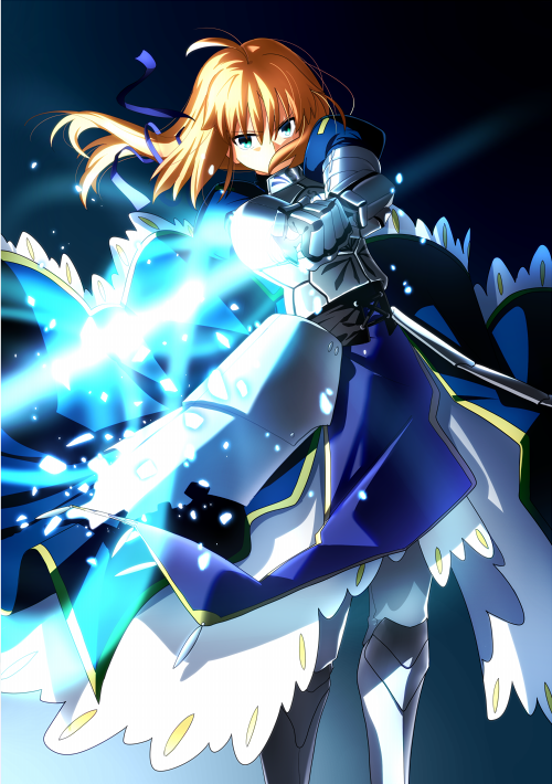 1girl aqua_eyes armor armored_boots armored_dress artoria_pendragon_(all) blonde_hair blue_dress blue_ribbon boots dress fate/stay_night fate_(series) floating_hair gauntlets hair_between_eyes hair_over_mouth hair_ribbon holding holding_sword holding_weapon long_hair ribbon saber sen_(77nuvola) solo standing sword weapon